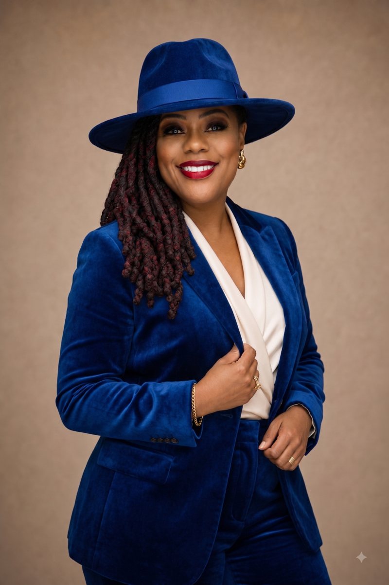 Alana Sanders in a blue suit